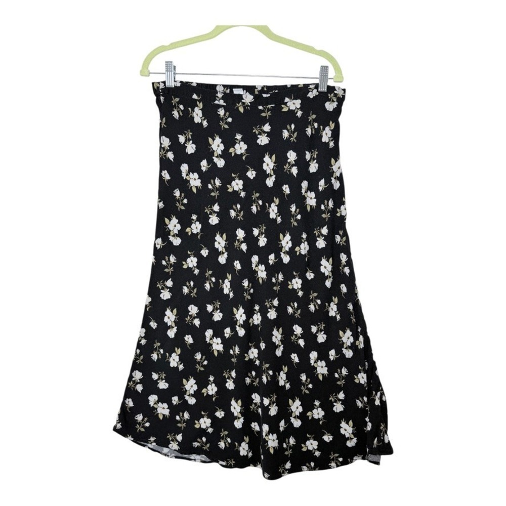 Old Navy Floral Midi Skirt Women Large Black White Rayon A-Line Elastic Waist
